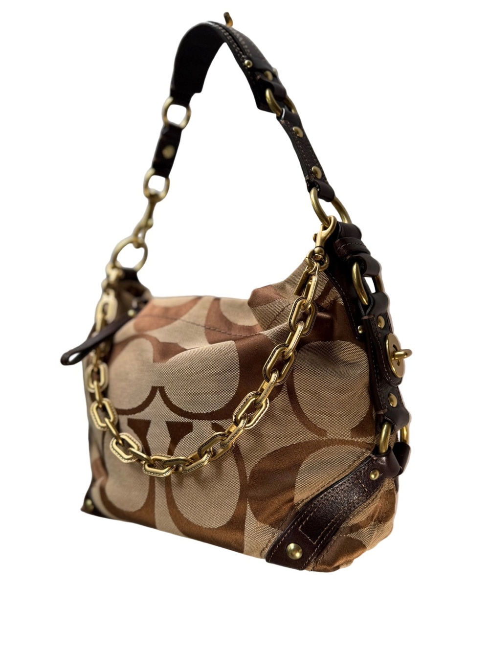 Coach Carly Brown Leather Trim Tan Canvas C #10619